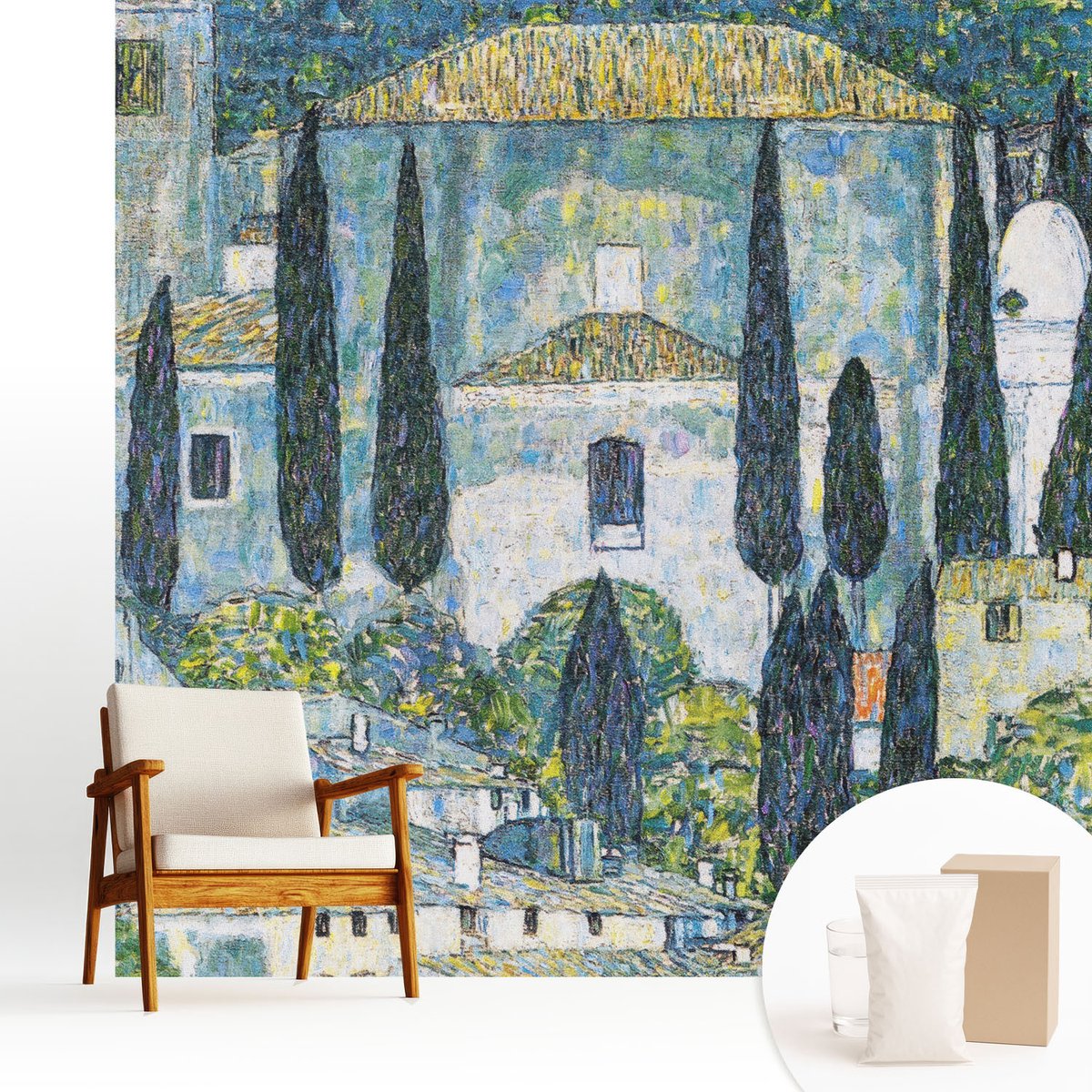 Wallfluent Fotobehang - Blauw Vliesbehang - 250x250 cm - Cypress Huizen Fotobehang Vlies - Woonkamer behang Landschappen - Muurschildering - Woonkamer behang