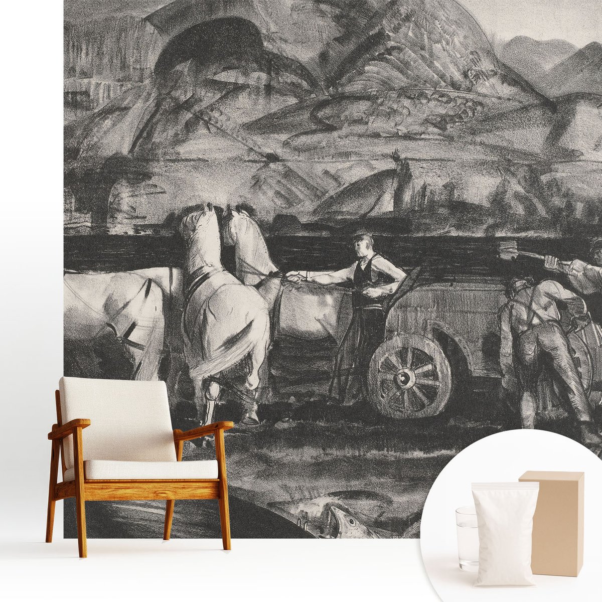 Wallfluent Fotobehang - Zwart-Wit Vliesbehang - 250x250 cm - Dorpsscène Muurschildering - Gang behang Mensen - Fotobehang Vlies - Slaapkamer behang