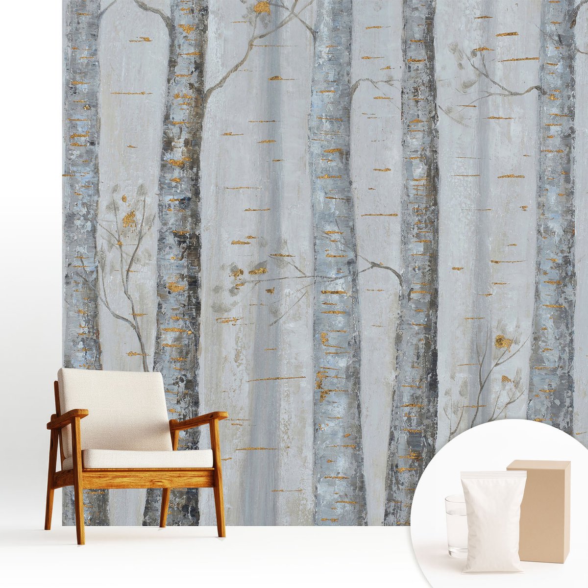 Wallfluent Fotobehang - Grijs Vliesbehang - 250x250 cm - Berkenbomen Fotobehang Vlies - Woonkamer behang Bloemen En Planten - Muurschildering - Woonkamer behang
