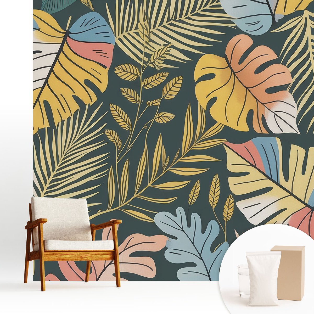 Wallfluent Fotobehang - Geel Vliesbehang - 250x250 cm - Tropische Energie Fotobehang Vlies - Woonkamer behang Bloemen En Planten - Muurschildering - Woonkamer behang