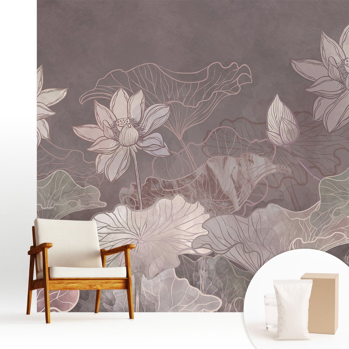 Wallfluent Fotobehang - Bruin Vliesbehang - 250x250 cm - Vreedzame Plantkunde Fotobehang Vlies - Hal behang Bloemen En Planten - Muurschildering - Hal behang