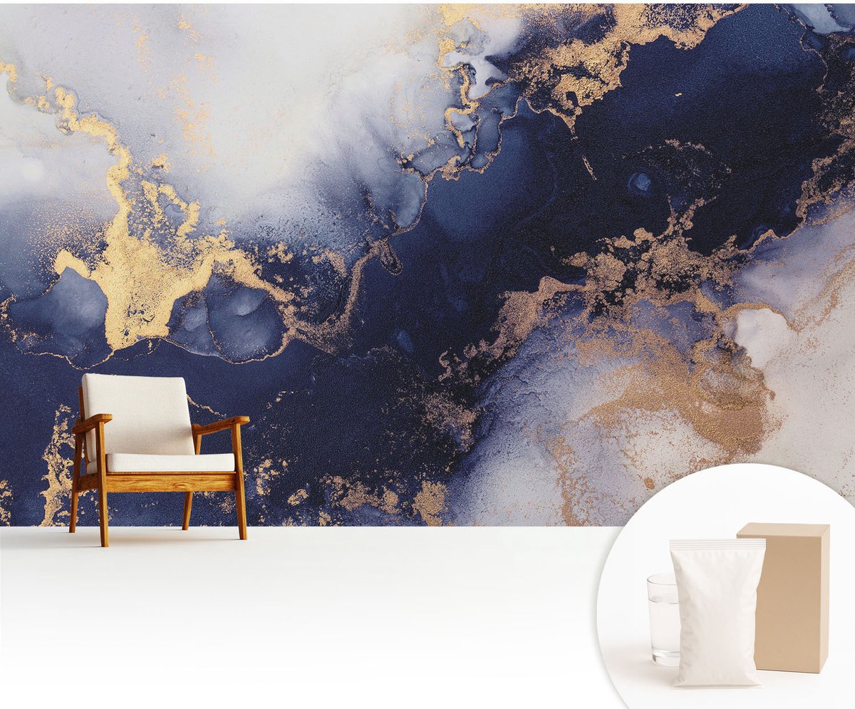 Wallfluent Fotobehang - Marine Vliesbehang - 416x254 cm - Marineblauwe Golven Muurschildering - Slaapkamer behang Abstractie - Fotobehang Vlies - Slaapkamer behang