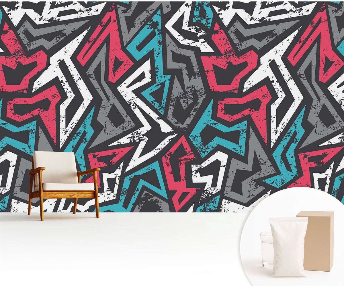 Wallfluent Fotobehang - Rood Vliesbehang - 416x254 cm - Abstracte Mozaïek Muurschildering - Gang behang Abstractie - Fotobehang Vlies - Gang behang