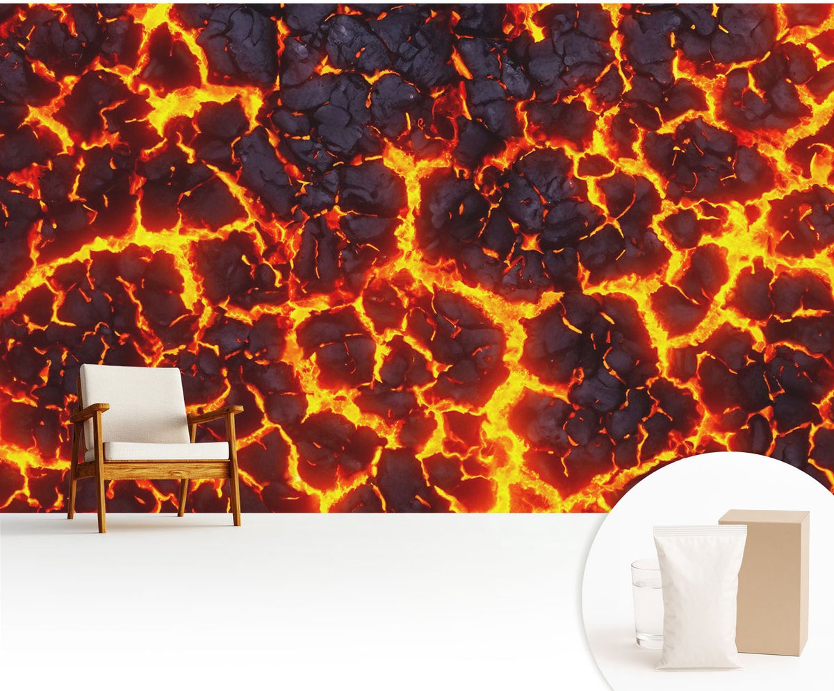 Wallfluent Fotobehang - Zwart Vliesbehang - 416x254 cm - Sterke Magma Fotobehang Vlies - Hal behang Abstractie - Muurschildering - Woonkamer behang