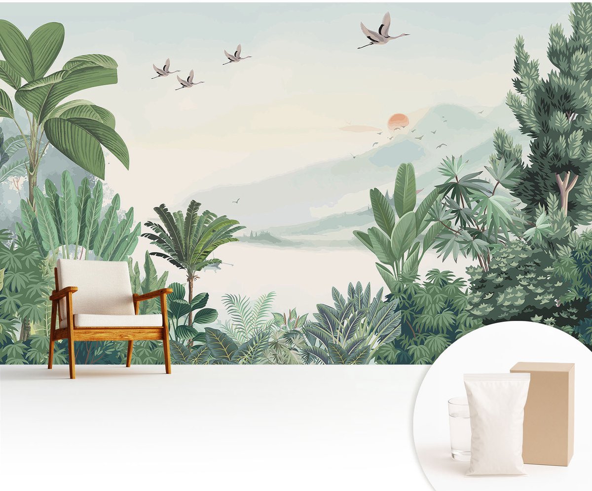 Wallfluent Fotobehang - Groente Vliesbehang - 416x254 cm - Tropische Oase Fotobehang Vlies - Woonkamer behang Landschappen - Muurschildering - Woonkamer behang