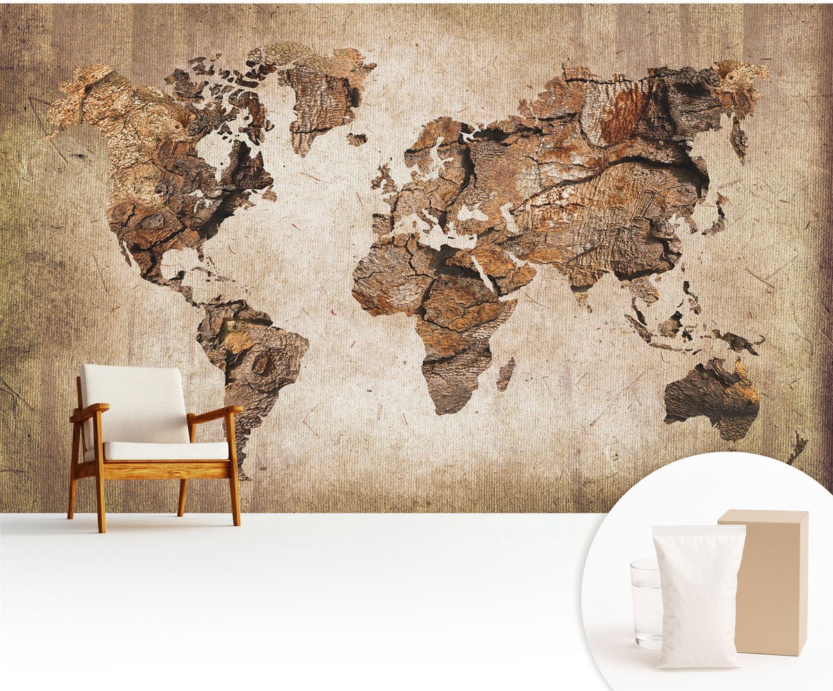 Wallfluent Fotobehang - Bruin Vliesbehang - 416x254 cm - Houten Kaart Fotobehang Vlies - Woonkamer behang Kaarten - Muurschildering - Woonkamer behang