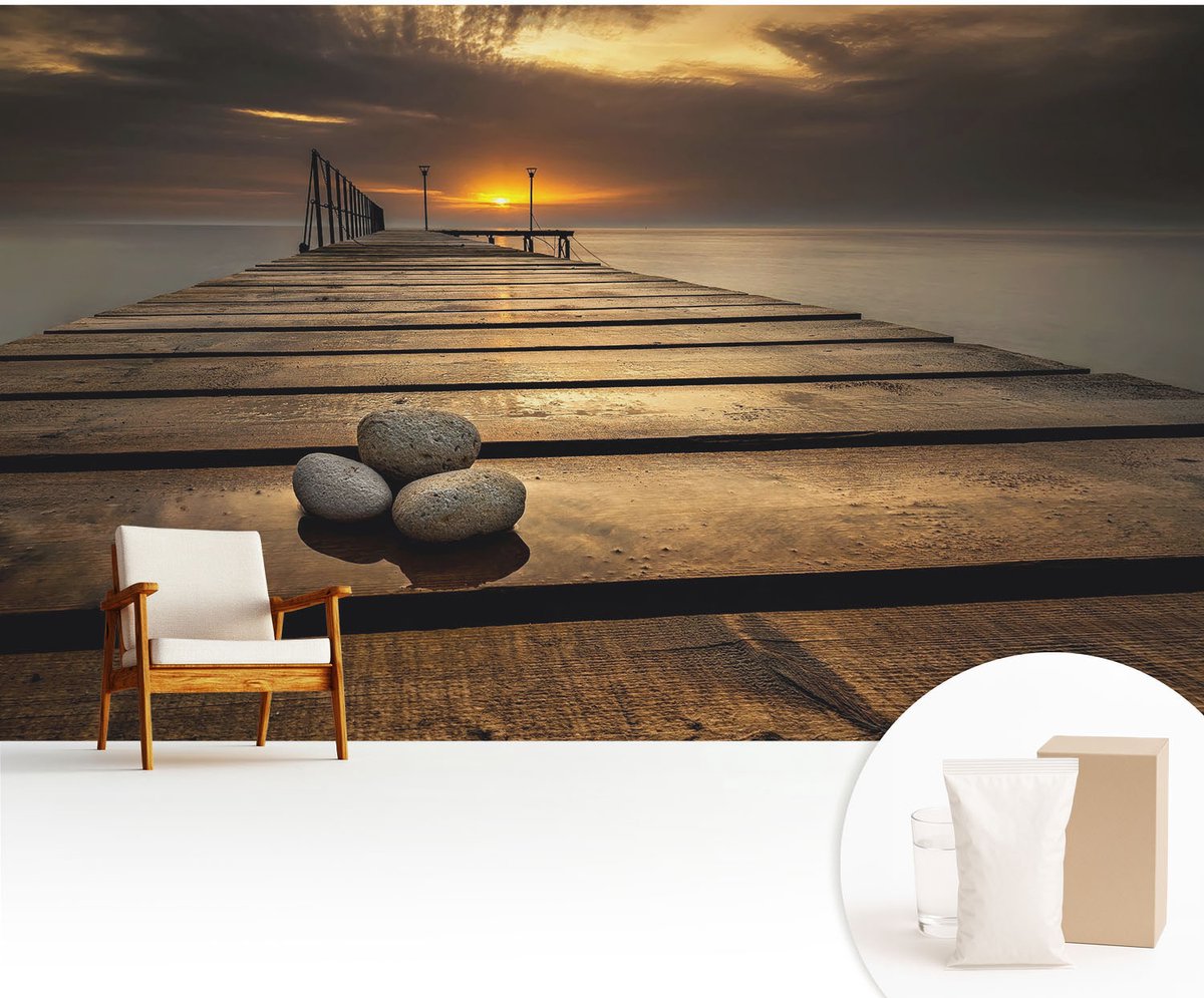Wallfluent Fotobehang - Bruin Vliesbehang - 416x254 cm - Zonsondergang Muurschildering - Gang behang Landschappen - Fotobehang Vlies - Slaapkamer behang