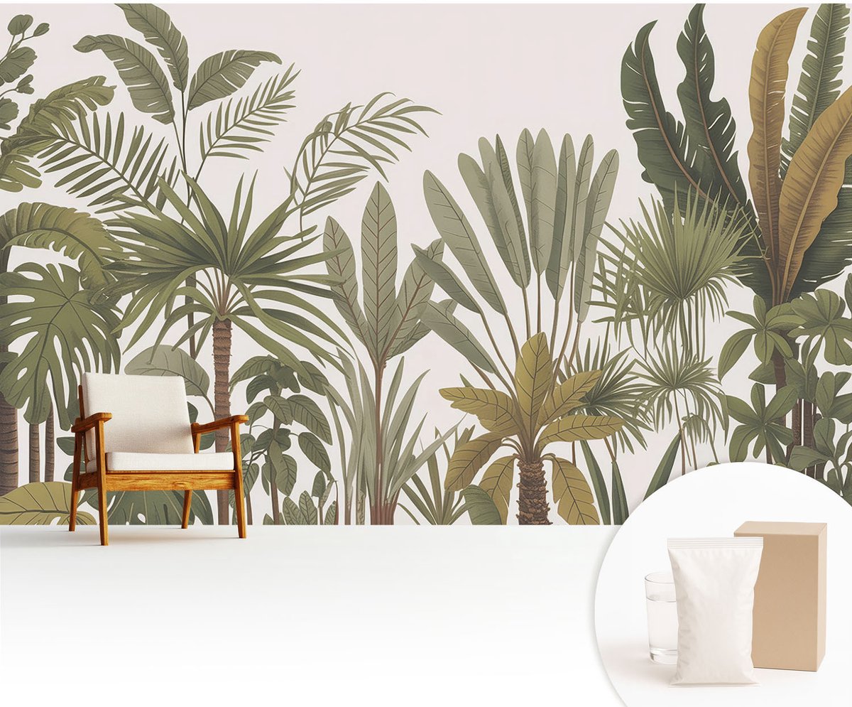 Wallfluent Fotobehang - Groente Vliesbehang - 416x254 cm - Exotische Bladeren Fotobehang Vlies - Woonkamer behang Bloemen En Planten - Muurschildering - Hal behang