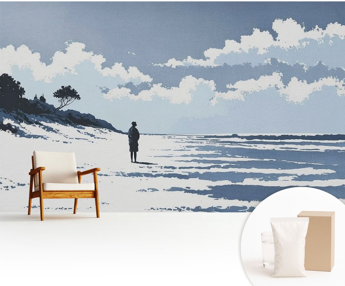 Wallfluent Fotobehang - Blauw Vliesbehang - 416x254 cm - Stilte Op Het Strand Fotobehang Vlies - Hal behang Landschappen - Muurschildering - Woonkamer behang