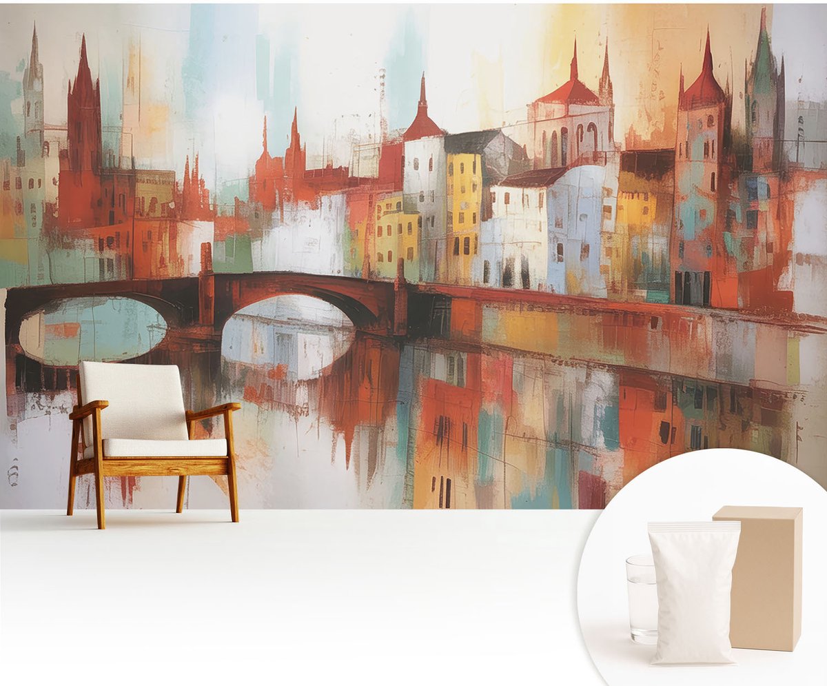 Wallfluent Fotobehang - Oranje Vliesbehang - 416x254 cm - Stadslandschap Fotobehang Vlies - Hal behang Architectuur - Muurschildering - Hal behang