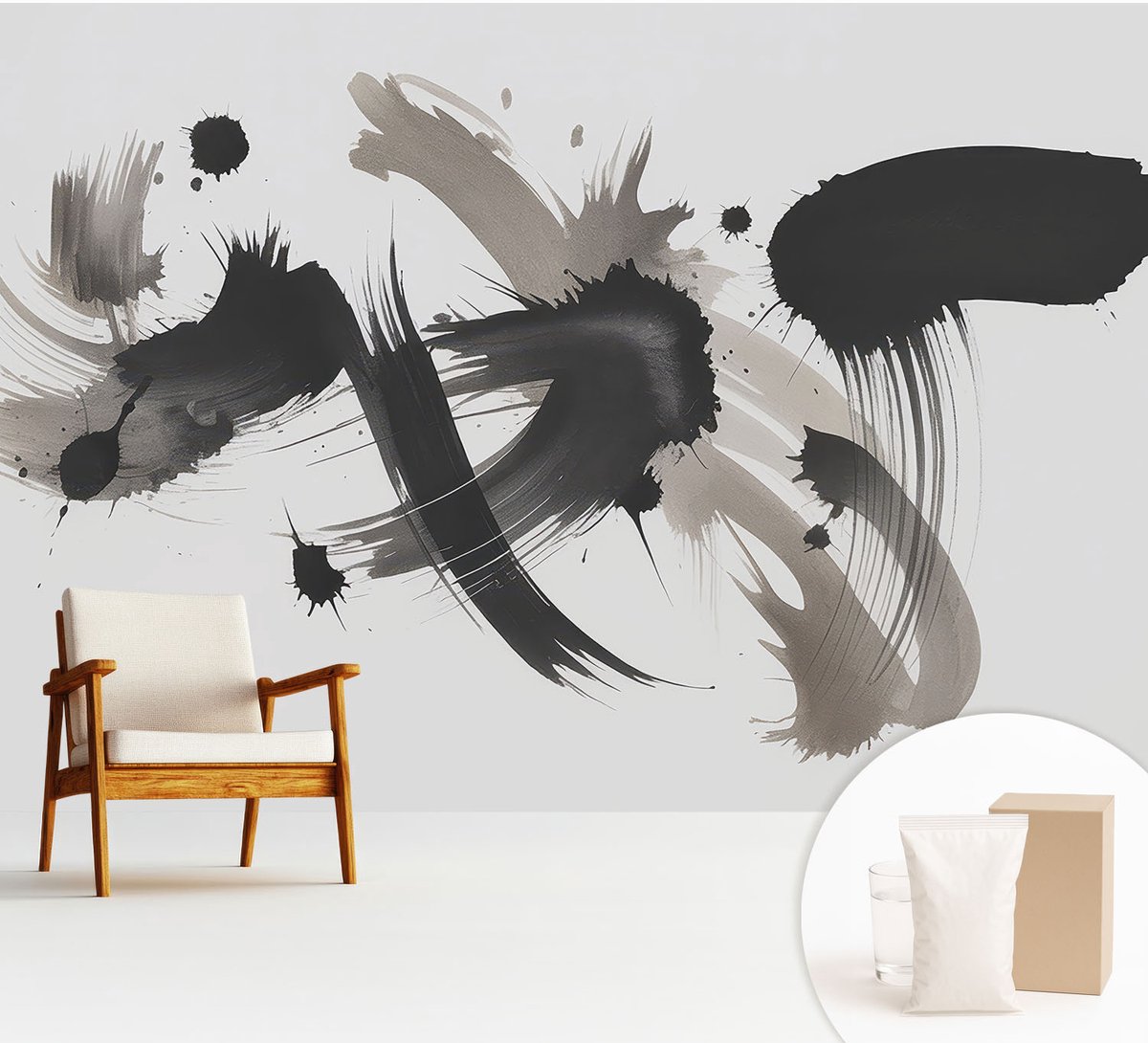 Wallfluent Fotobehang - Zwart Vliesbehang - 312x219 cm - Abstracte Uitdrukking Fotobehang Vlies - Woonkamer behang Abstractie - Muurschildering - Woonkamer behang