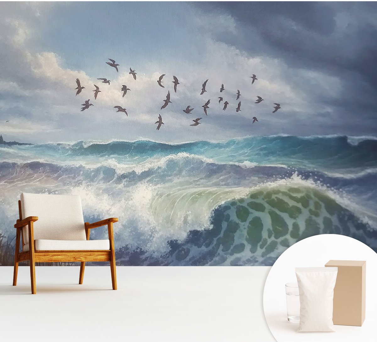Wallfluent Fotobehang - Blauw Vliesbehang - 312x219 cm - Zeegolven Muurschildering - Slaapkamer behang Landschappen - Fotobehang Vlies - Slaapkamer behang