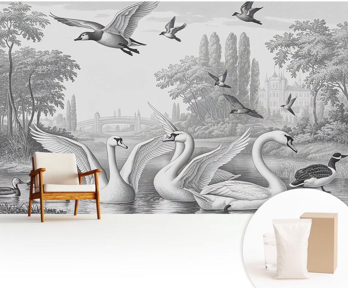 Wallfluent Fotobehang - Zwart-Wit Vliesbehang - 416x254 cm - Klassiek Landschap Fotobehang Vlies - Woonkamer behang Landschappen - Muurschildering - Hal behang