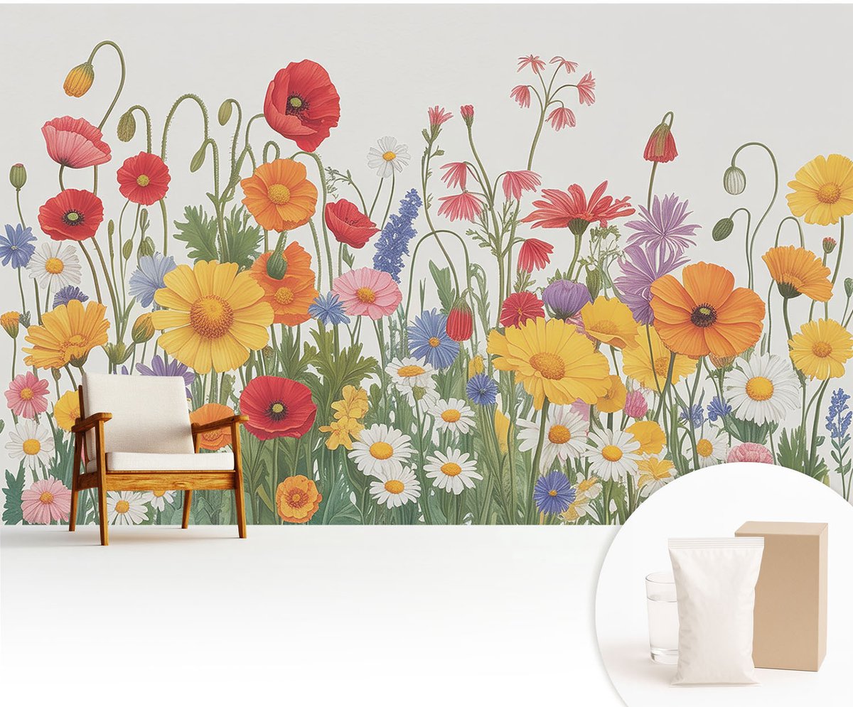 Wallfluent Fotobehang - Geel Vliesbehang - 416x254 cm - Bloemenweide Fotobehang Vlies - Hal behang Bloemen En Planten - Muurschildering - Hal behang