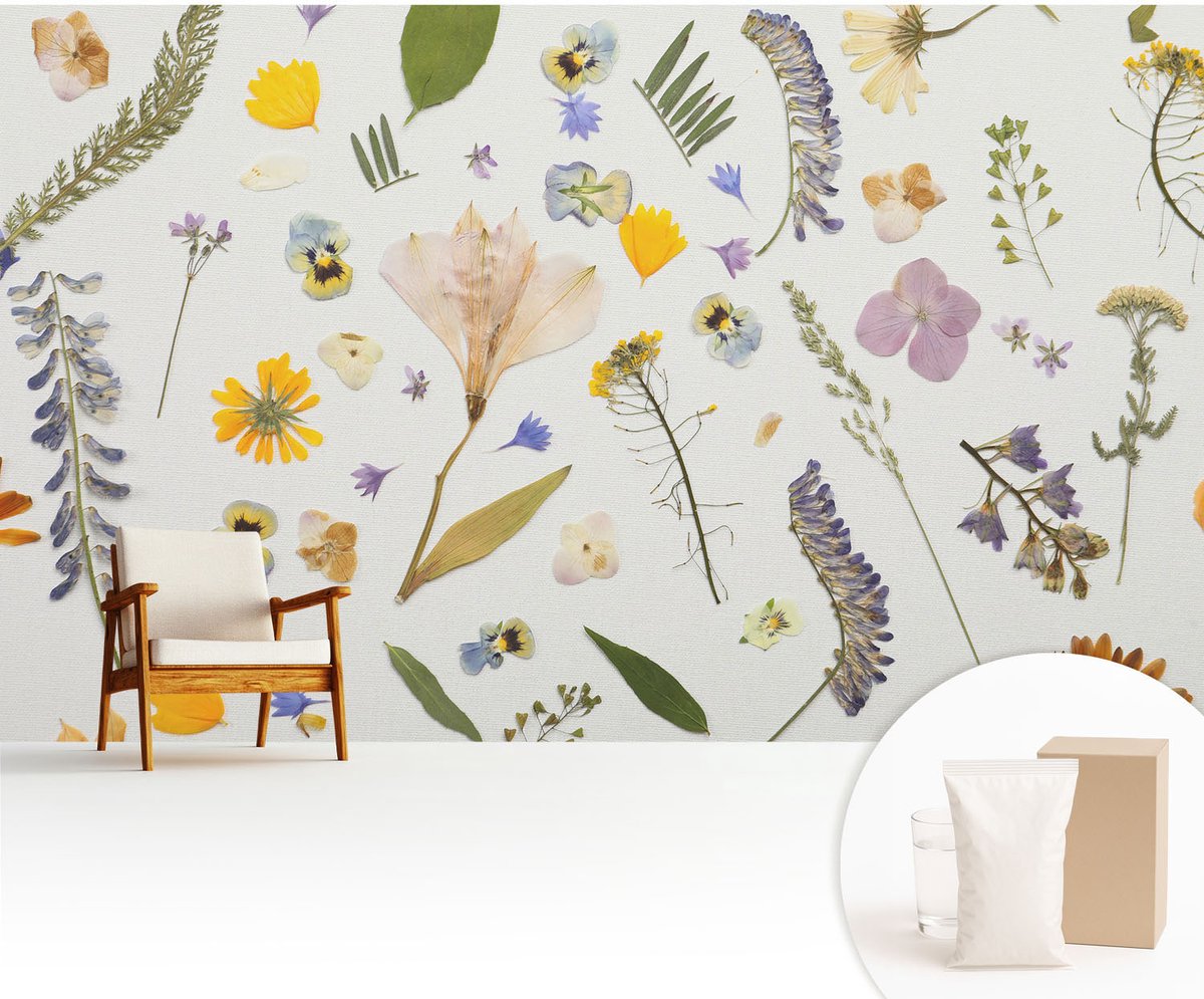 Wallfluent Fotobehang - Wit Vliesbehang - 416x254 cm - Lentebloemen Fotobehang Vlies - Woonkamer behang Bloemen En Planten - Muurschildering - Woonkamer behang