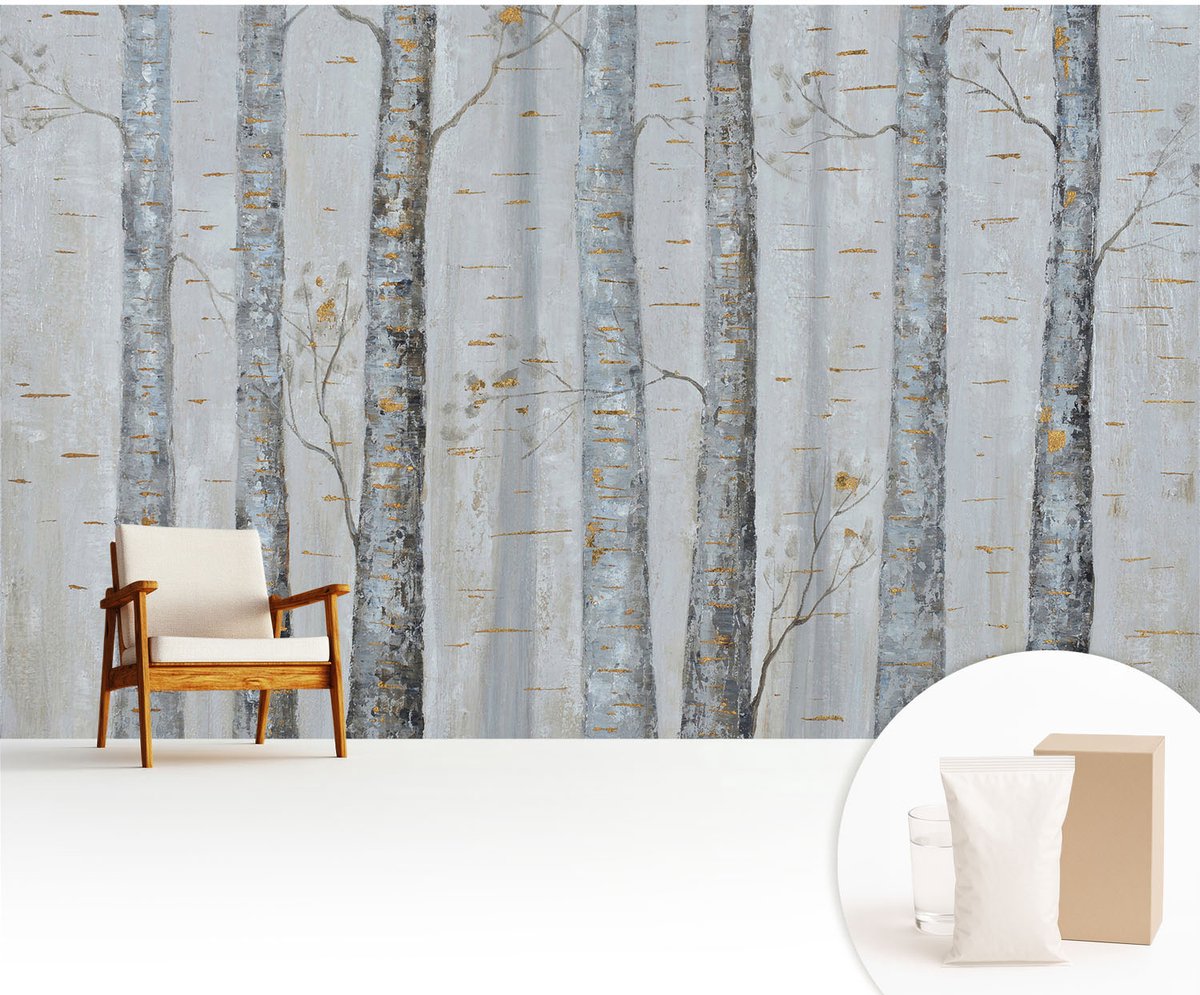 Wallfluent Fotobehang - Grijs Vliesbehang - 416x254 cm - Berkenbomen Fotobehang Vlies - Woonkamer behang Bloemen En Planten - Muurschildering - Woonkamer behang