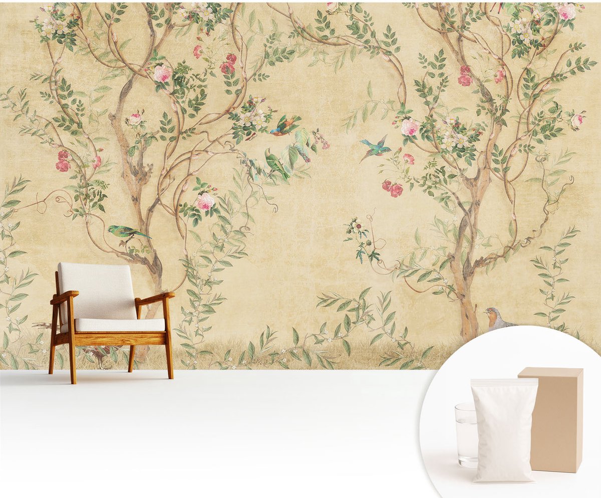 Wallfluent Fotobehang - Beige Vliesbehang - 416x254 cm - Bloemaccenten Muurschildering - Slaapkamer behang Bloemen En Planten - Fotobehang Vlies - Gang behang