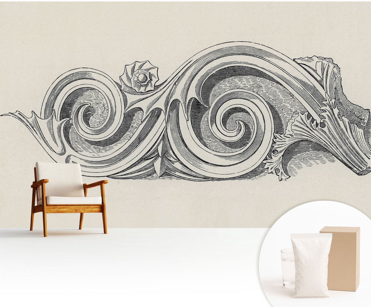 Wallfluent Fotobehang - Zwart-Wit Vliesbehang - 416x254 cm - Plantenornament Muurschildering - Gang behang Deel - Fotobehang Vlies - Slaapkamer behang