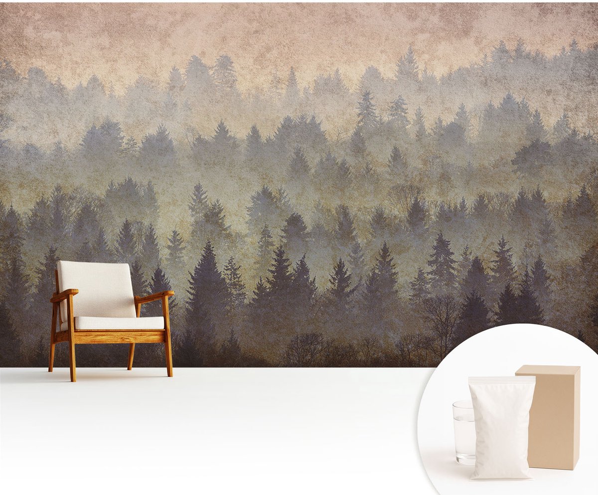 Wallfluent Fotobehang - Grijs Vliesbehang - 416x254 cm - Bosmist Muurschildering - Slaapkamer behang Landschappen - Fotobehang Vlies - Slaapkamer behang