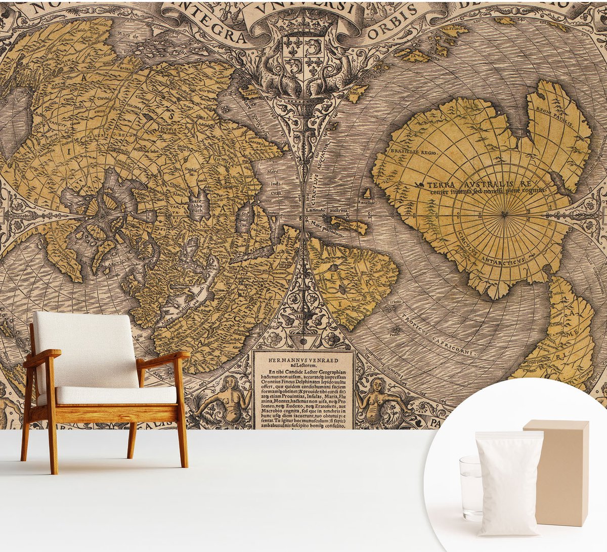 Wallfluent Fotobehang - Geel Vliesbehang - 312x219 cm - Historische Cartografie Muurschildering - Gang behang Kaarten - Fotobehang Vlies - Slaapkamer behang