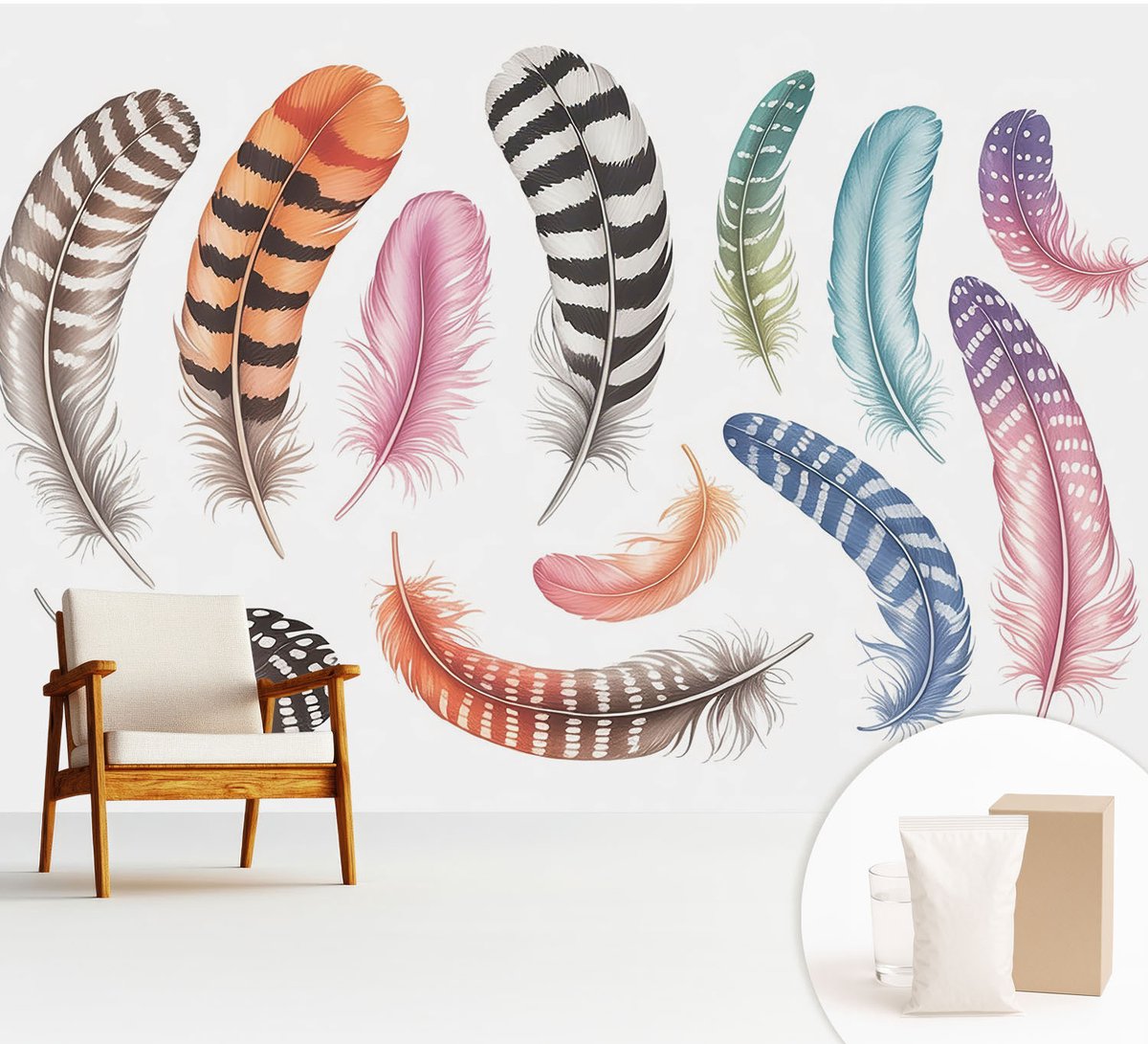 Wallfluent Fotobehang - Bruin Vliesbehang - 312x219 cm - Pastelkleurige Veren Fotobehang Vlies - Hal behang Achtergronden En Patronen - Muurschildering - Woonkamer behang