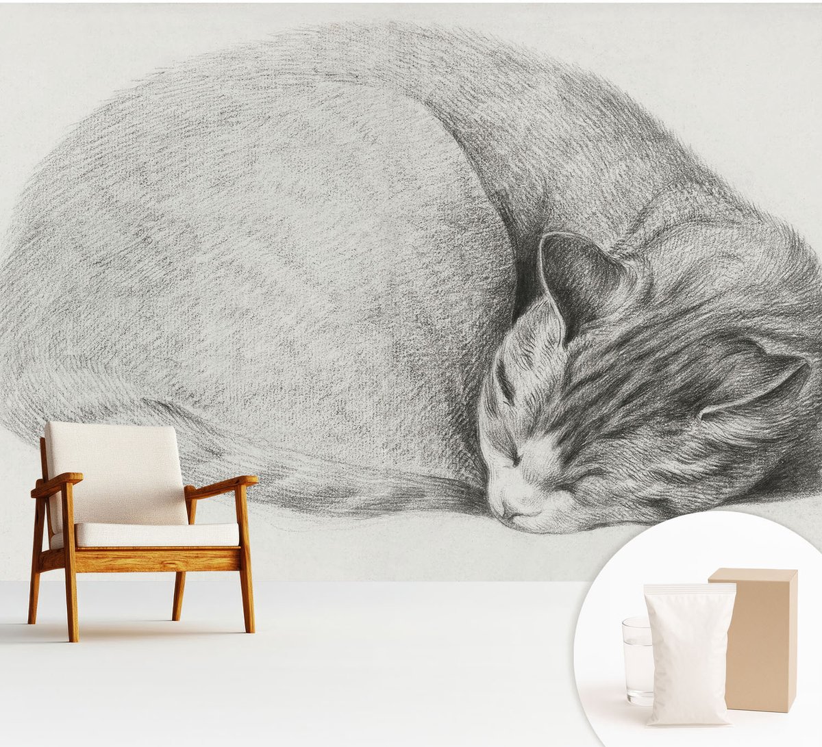 Wallfluent Fotobehang - Grijs Vliesbehang - 312x219 cm - Opgerolde Kat Muurschildering - Gang behang Dieren - Fotobehang Vlies - Gang behang