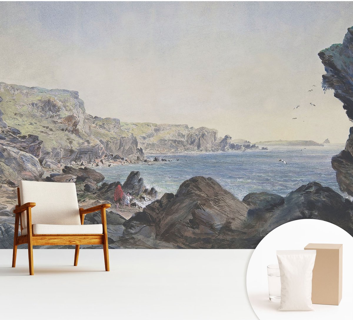 Wallfluent Fotobehang - Grijs Vliesbehang - 312x219 cm - Een Rustige Kust Fotobehang Vlies - Hal behang Landschappen - Muurschildering - Hal behang