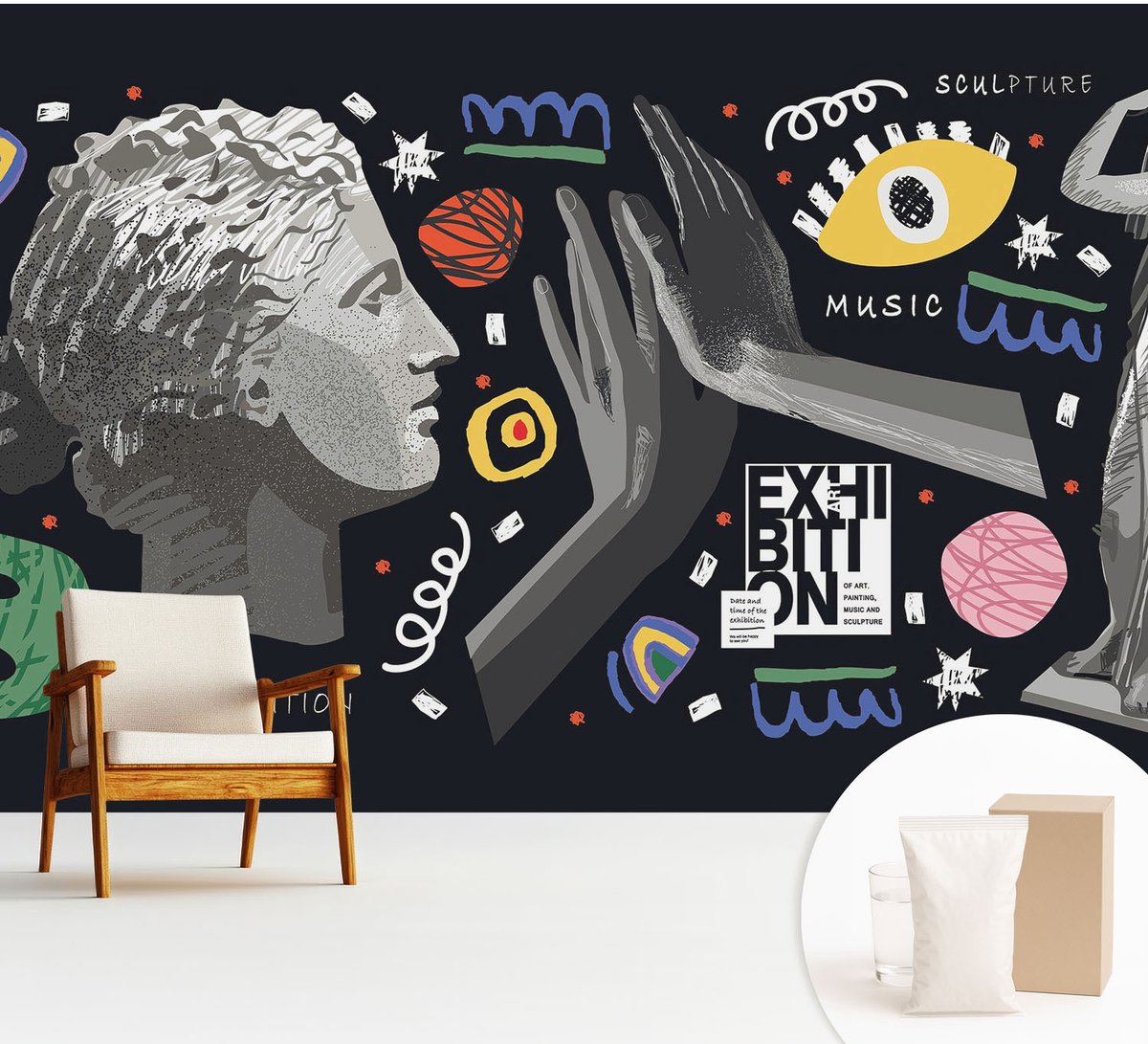 Wallfluent Fotobehang - Zwart Vliesbehang - 312x219 cm - Een Kleurrijke Tentoonstelling Muurschildering - Gang behang Deel - Fotobehang Vlies - Slaapkamer behang