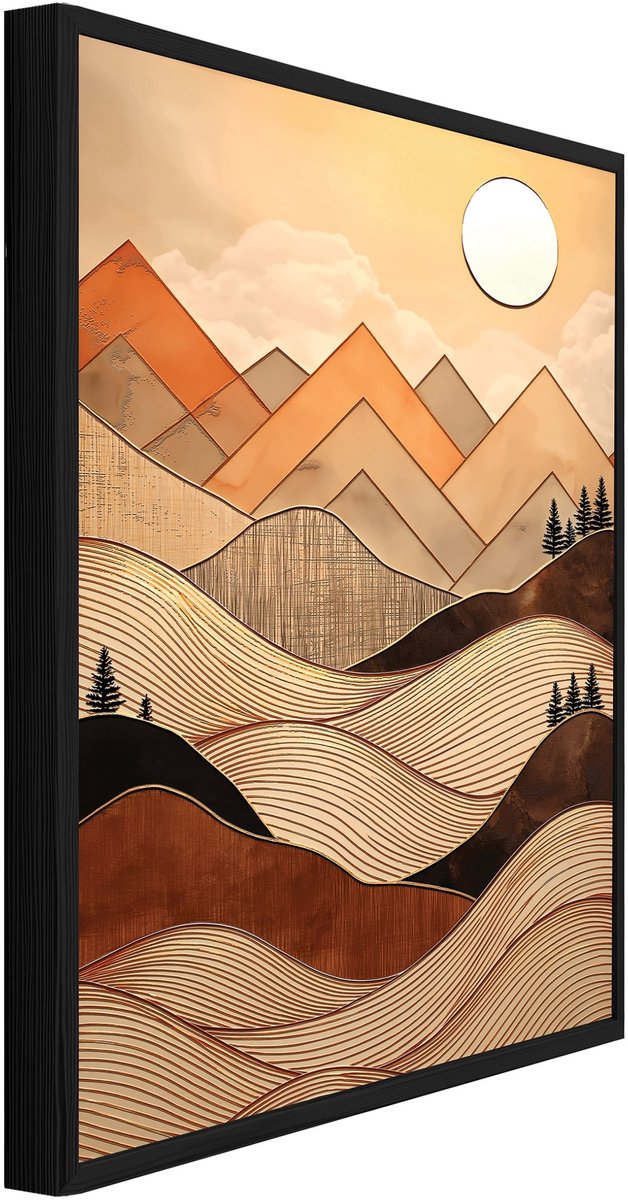 WALLARENA Schilderij met reliëf 100x70 cm - zwarte lijst - berglandschap in bohostijl - woonkamer en slaapkamer Beige