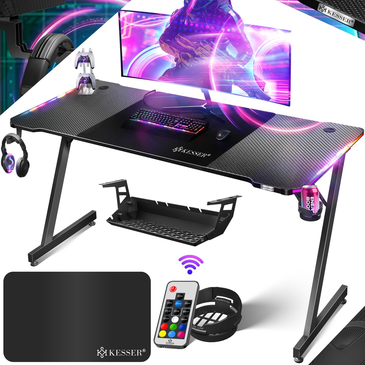 KESSER® Gamingtafel met LED - Z-vorm bureau met koptelefoonhaak en bekerhouder - zwart 180 x 80 cm