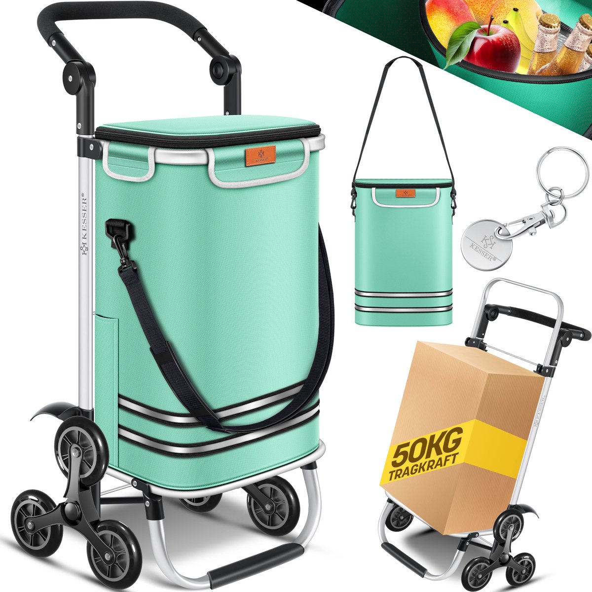 KESSER® Boodschappentrolley met trapklimmer - opvouwbaar, 56 L met koelvak, tot 50 kg - Mintgroen