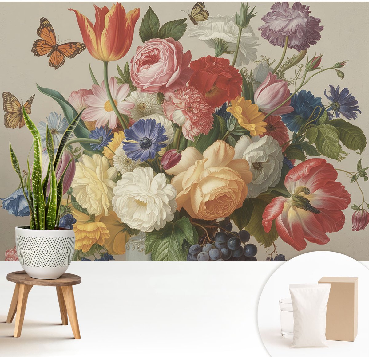 Wallfluent Fotobehang - Rood Vliesbehang - 208x146 cm - Bloemen En Vlinders Muurschildering - Slaapkamer behang Bloemen En Planten - Fotobehang Vlies - Slaapkamer behang