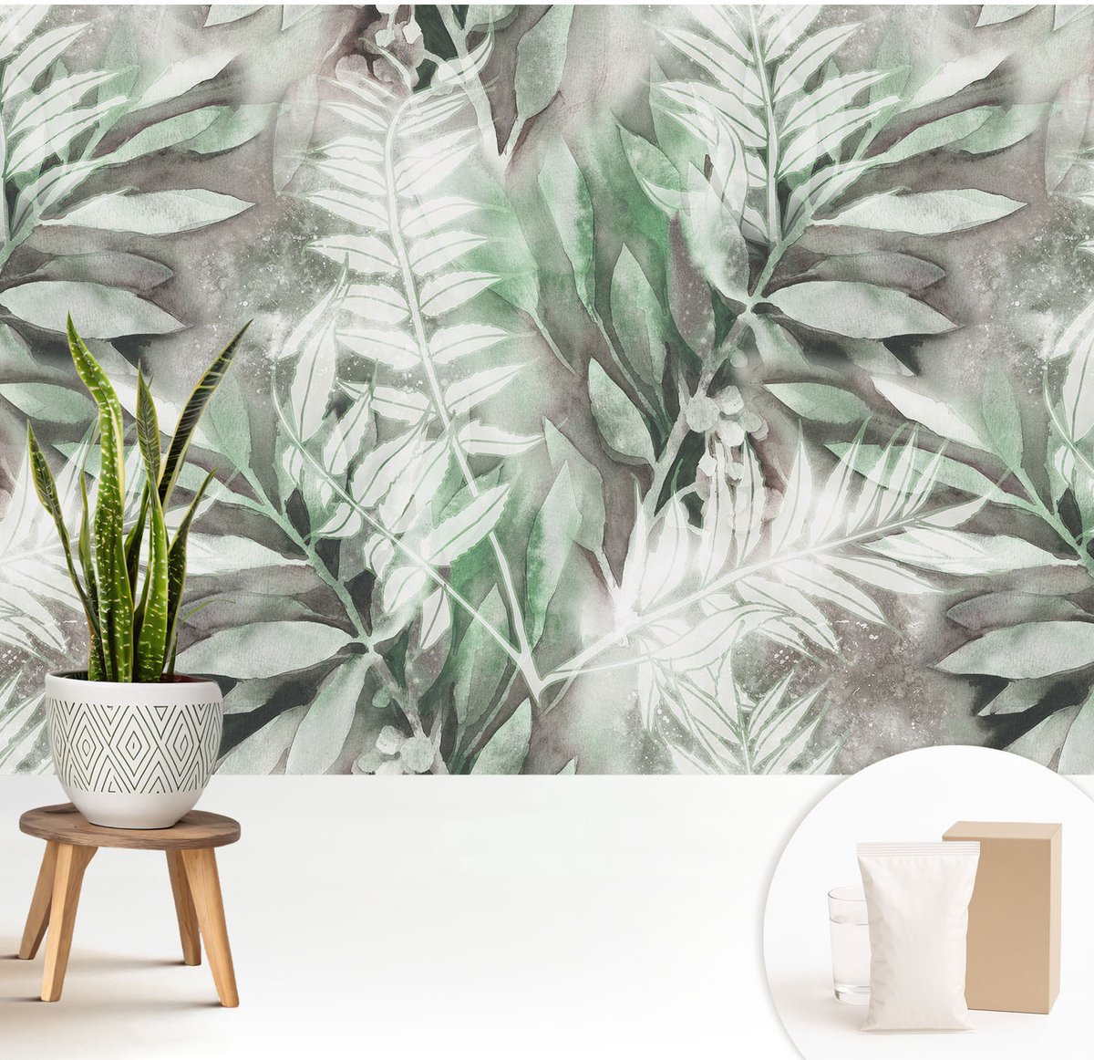 Wallfluent Fotobehang - Groente Vliesbehang - 208x146 cm - Aquarelbladeren Muurschildering - Slaapkamer behang Bloemen En Planten - Fotobehang Vlies - Slaapkamer behang
