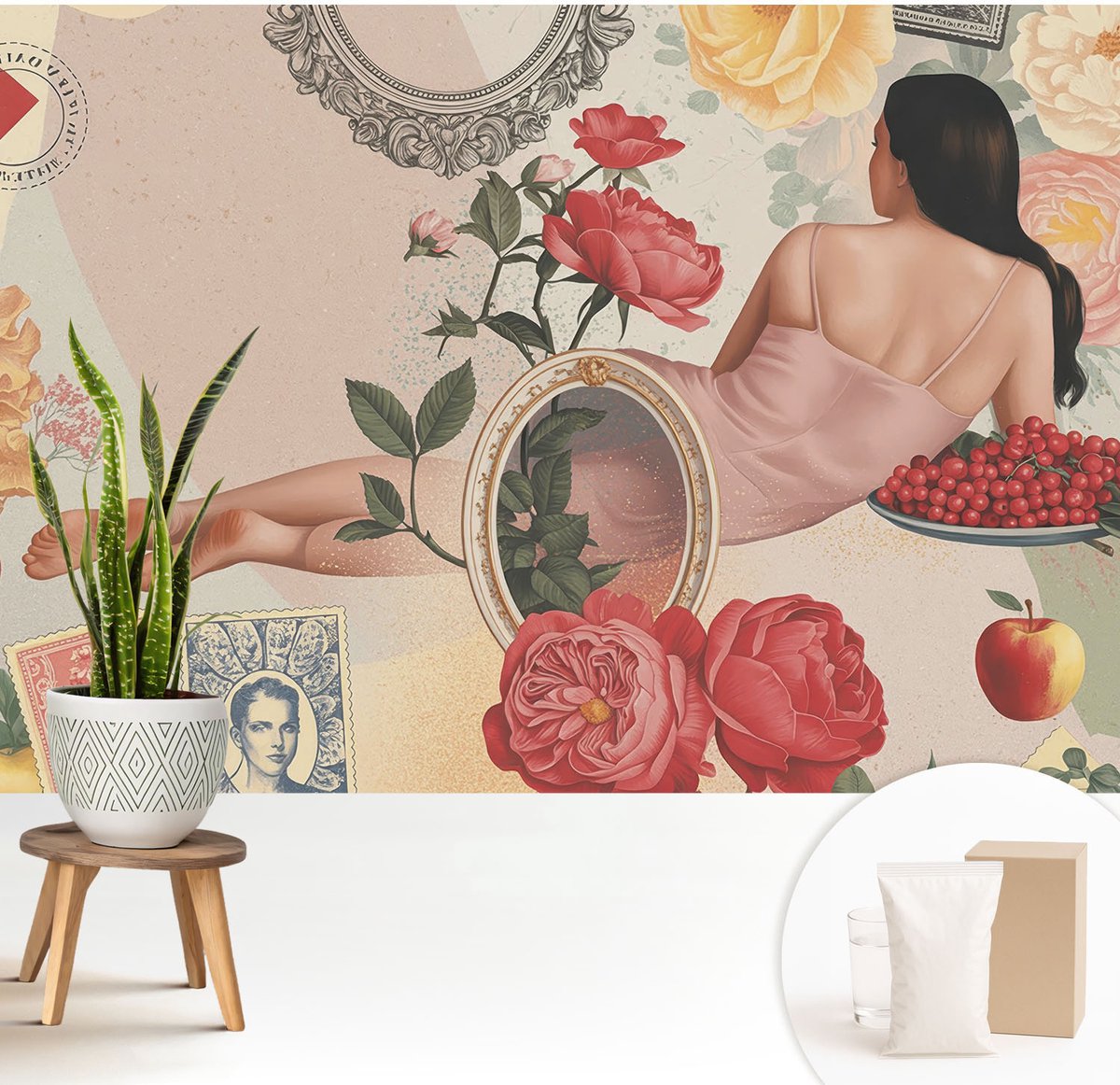 Wallfluent Fotobehang - Beige Vliesbehang - 208x146 cm - Bloemige Elegantie Fotobehang Vlies - Hal behang Deel - Muurschildering - Hal behang