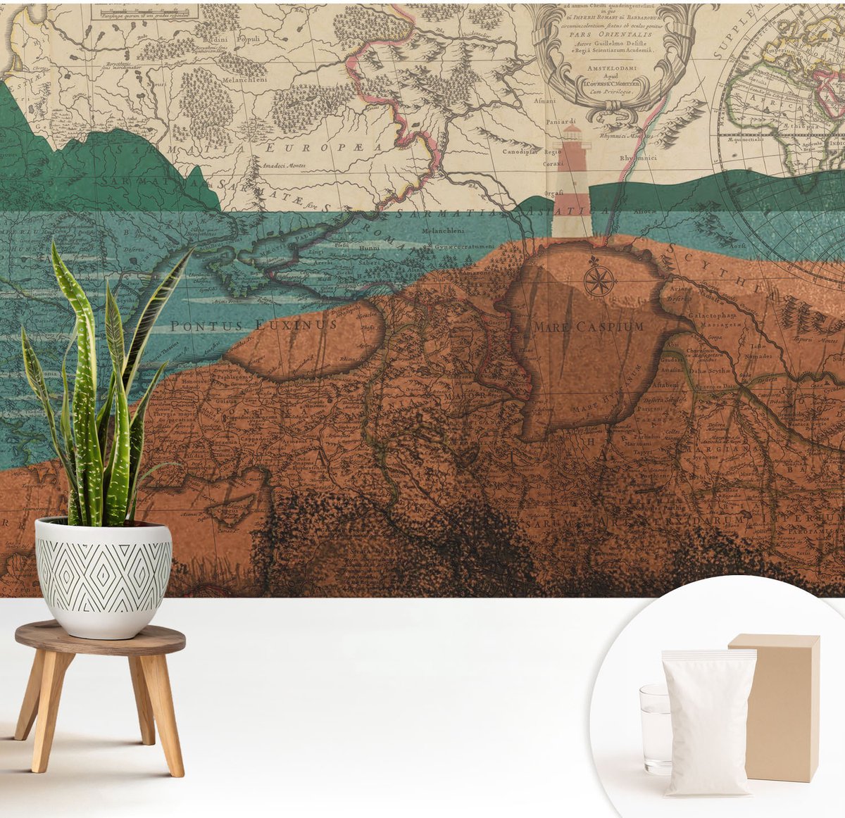Wallfluent Fotobehang - Bruin Vliesbehang - 208x146 cm - Historische Kaart Muurschildering - Gang behang Kaarten - Fotobehang Vlies - Gang behang