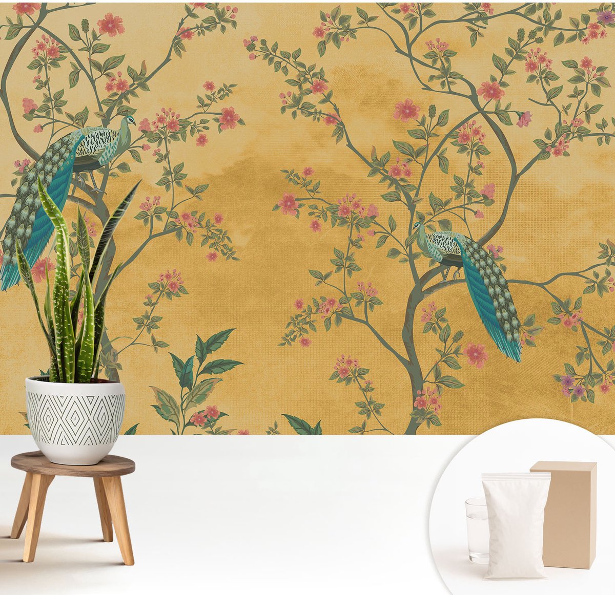 Wallfluent Fotobehang - Geel Vliesbehang - 208x146 cm - Pauwenbomen Muurschildering - Slaapkamer behang Bloemen En Planten - Fotobehang Vlies - Gang behang