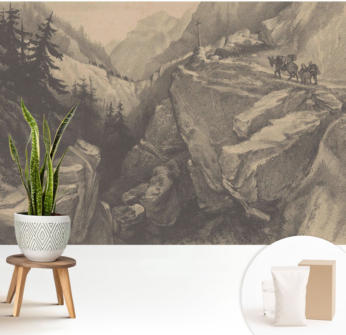 Wallfluent Fotobehang - Grijs Vliesbehang - 208x146 cm - Schilderachtige Bergen Fotobehang Vlies - Hal behang Landschappen - Muurschildering - Hal behang