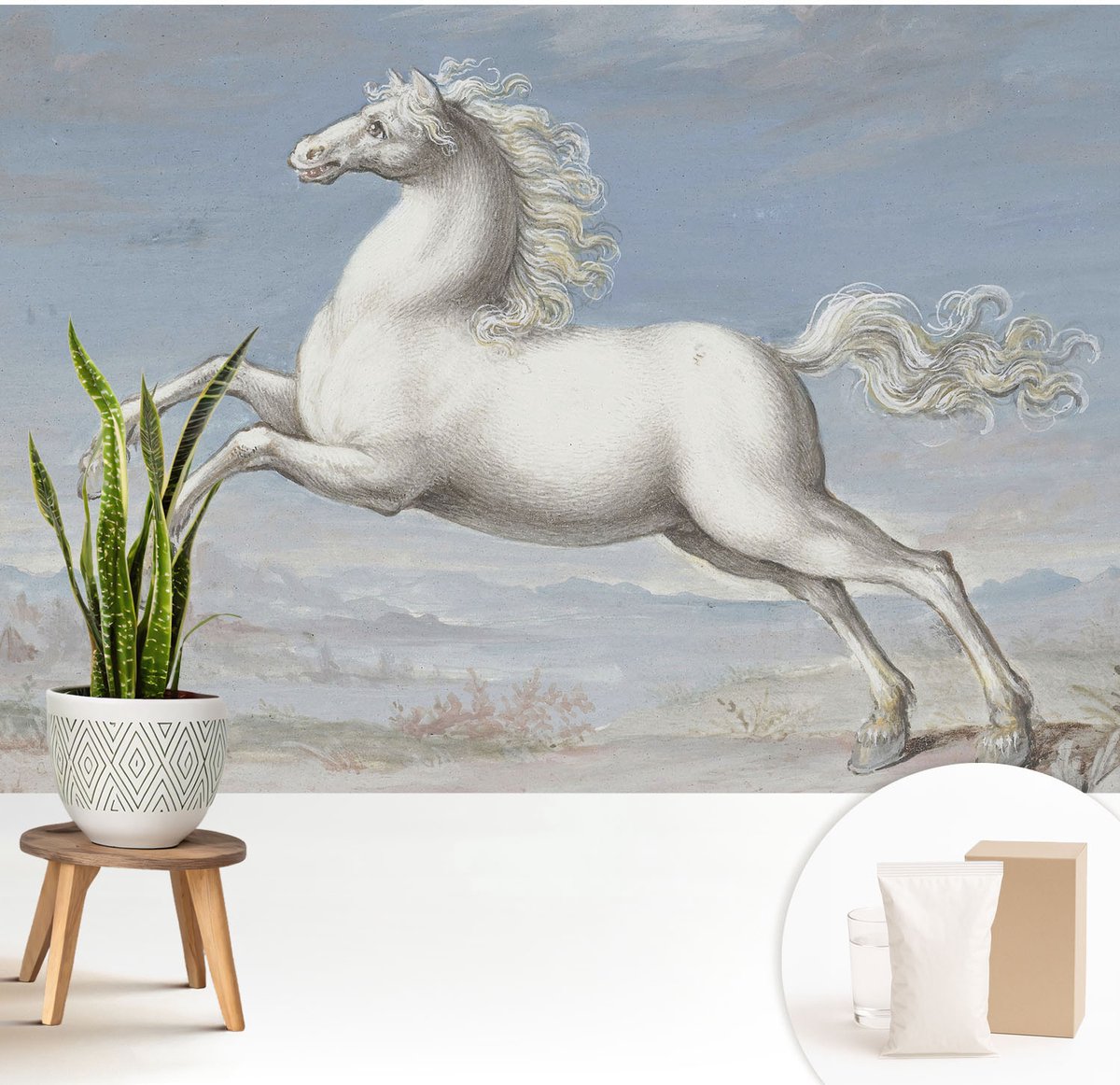 Wallfluent Fotobehang - Wit Vliesbehang - 208x146 cm - Paarden In De Hindernis Fotobehang Vlies - Hal behang Dieren - Muurschildering - Hal behang
