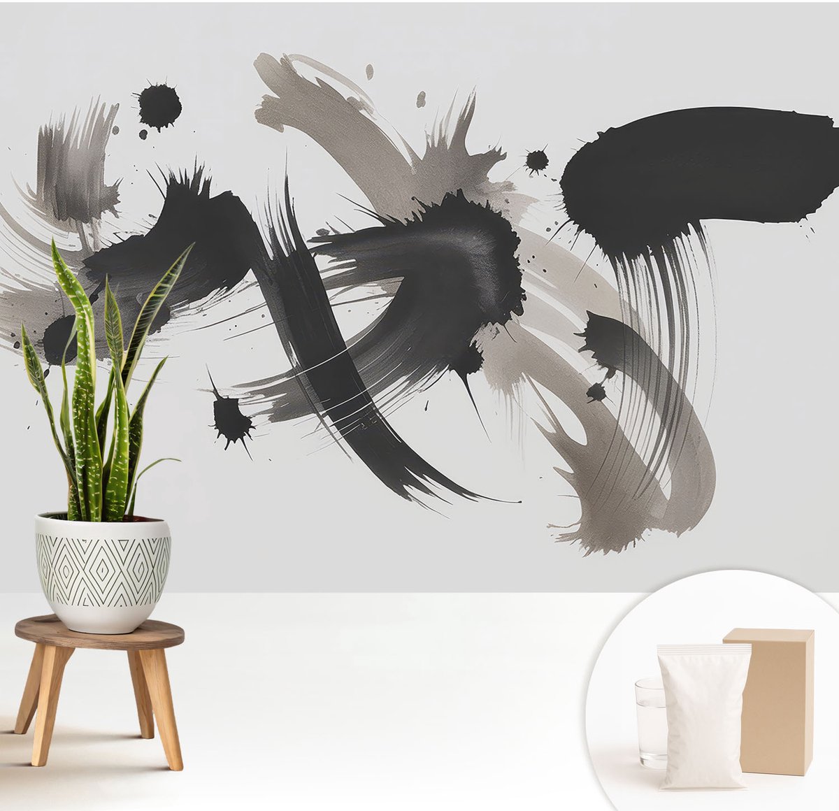Wallfluent Fotobehang - Zwart Vliesbehang - 208x146 cm - Abstracte Uitdrukking Fotobehang Vlies - Woonkamer behang Abstractie - Muurschildering - Woonkamer behang