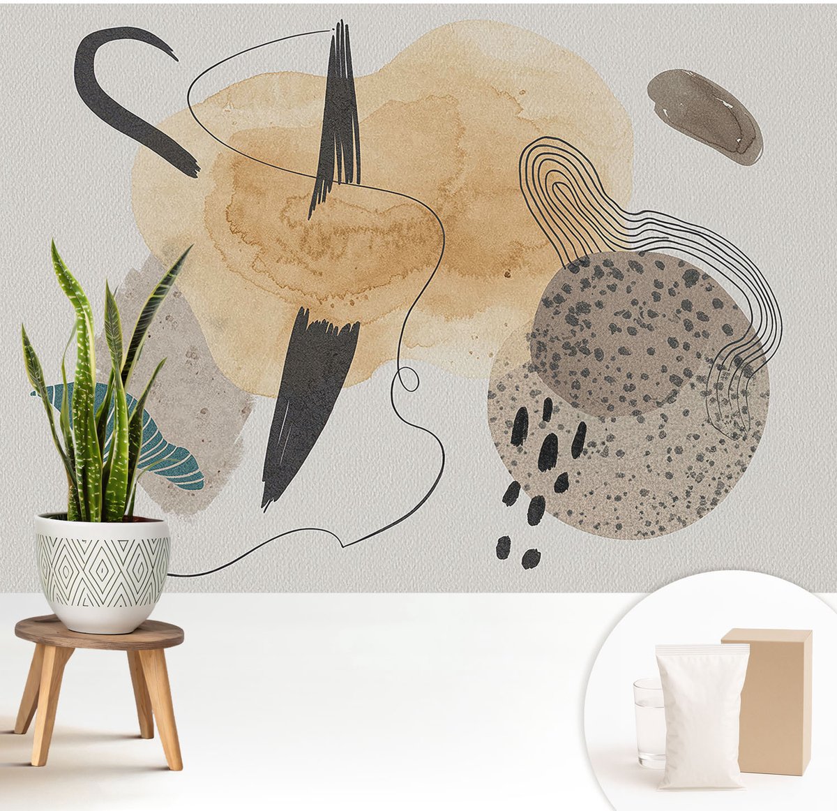 Wallfluent Fotobehang - Beige Vliesbehang - 208x146 cm - Abstracte Compositie Muurschildering - Slaapkamer behang Abstractie - Fotobehang Vlies - Gang behang