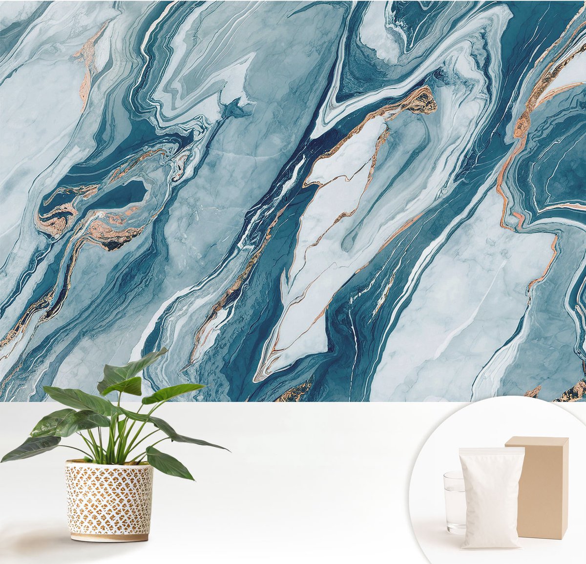 Wallfluent Fotobehang - Blauw Vliesbehang - 152x104 cm - Minerale Elegantie Fotobehang Vlies - Hal behang Abstractie - Muurschildering - Woonkamer behang