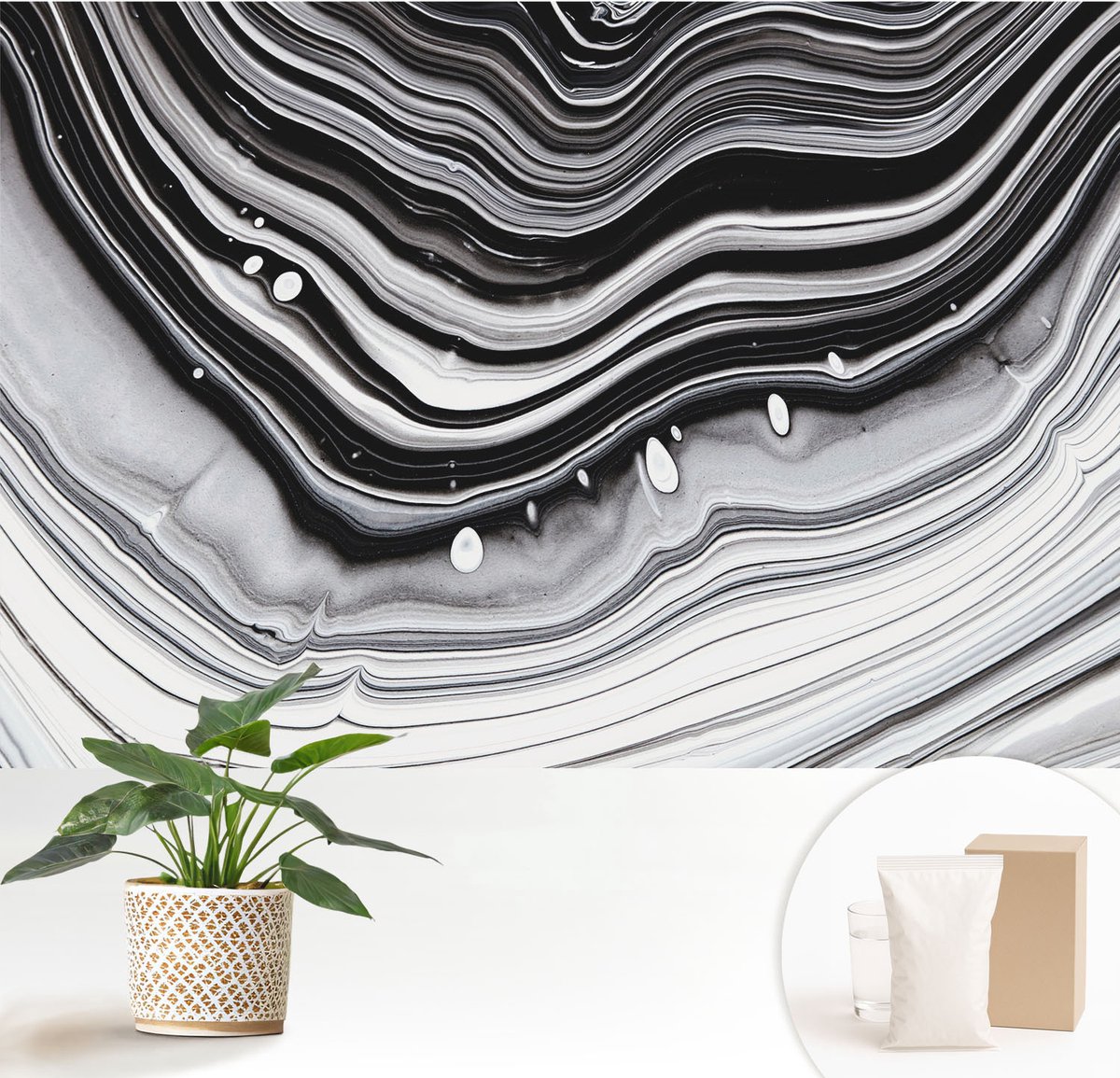 Wallfluent Fotobehang - Zwart-Wit Vliesbehang - 152x104 cm - Optische Golven Muurschildering - Gang behang Achtergronden En Patronen - Fotobehang Vlies - Slaapkamer behang