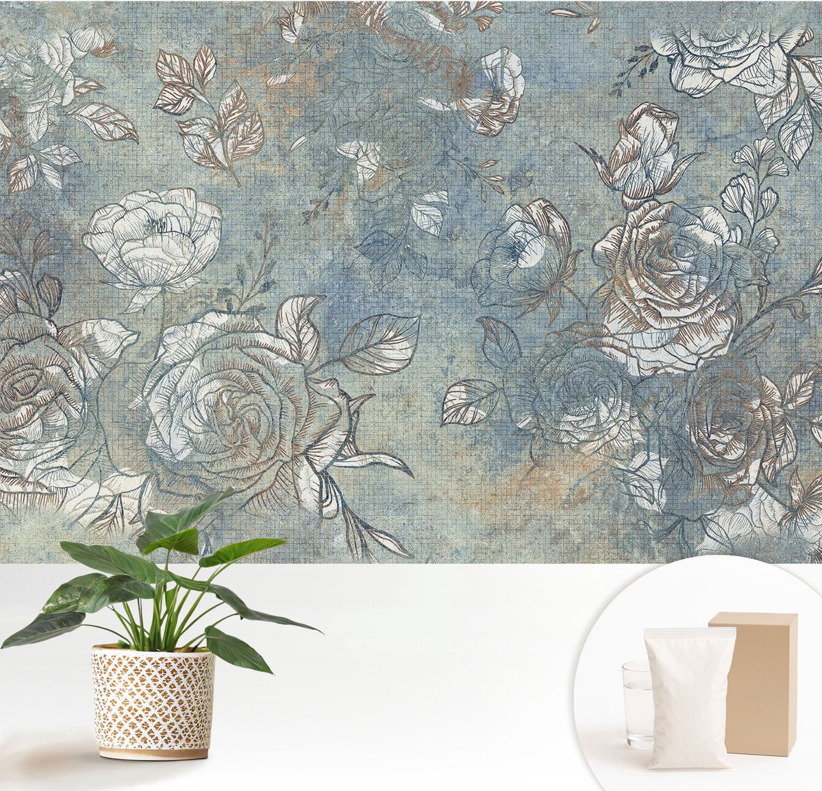 Wallfluent Fotobehang - Blauw Vliesbehang - 152x104 cm - Romantische Rozen Muurschildering - Gang behang Bloemen En Planten - Fotobehang Vlies - Slaapkamer behang