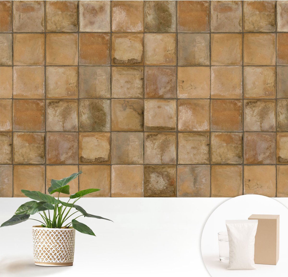 Wallfluent Fotobehang - Bruin Vliesbehang - 152x104 cm - Rustiek Mozaïek Fotobehang Vlies - Woonkamer behang Achtergronden En Patronen - Muurschildering - Woonkamer behang