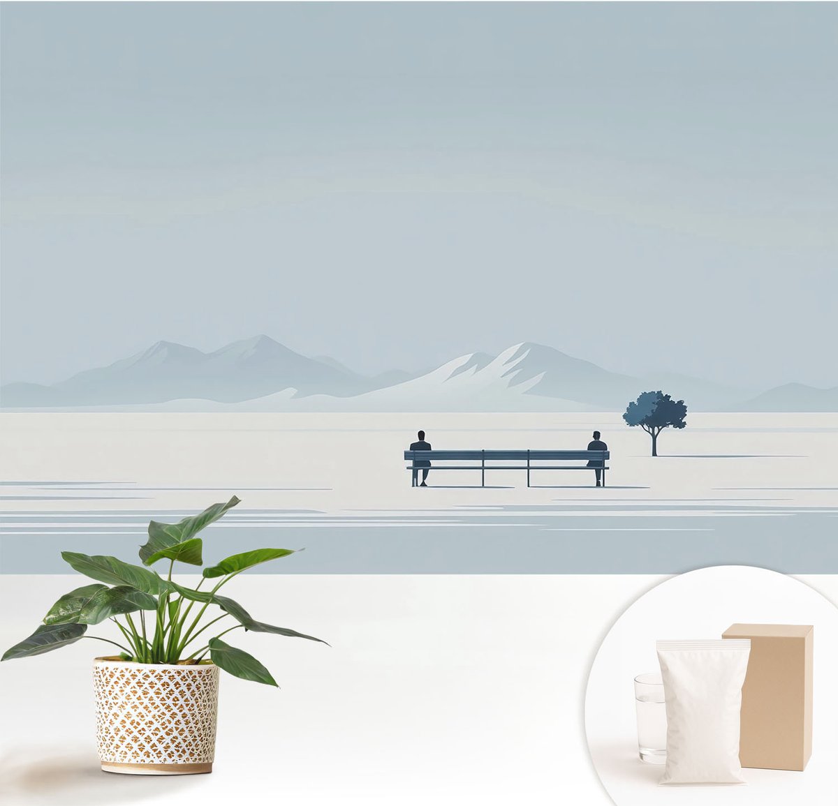 Wallfluent Fotobehang - Blauw Vliesbehang - 152x104 cm - Minimalistisch Landschap Fotobehang Vlies - Woonkamer behang Landschappen - Muurschildering - Woonkamer behang