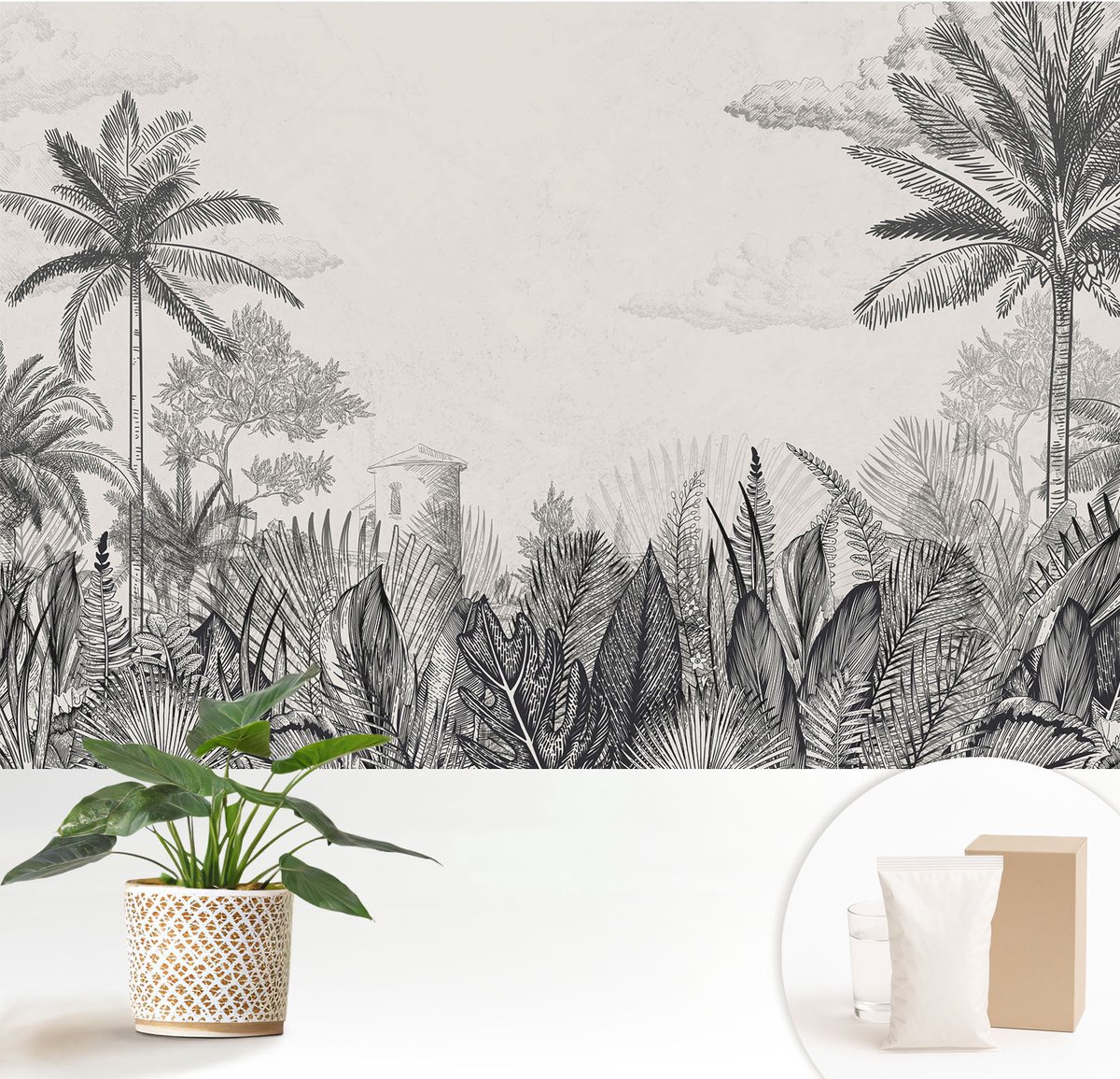 Wallfluent Fotobehang - Grijs Vliesbehang - 152x104 cm - Tropisch Landschap Fotobehang Vlies - Hal behang Landschappen - Muurschildering - Woonkamer behang