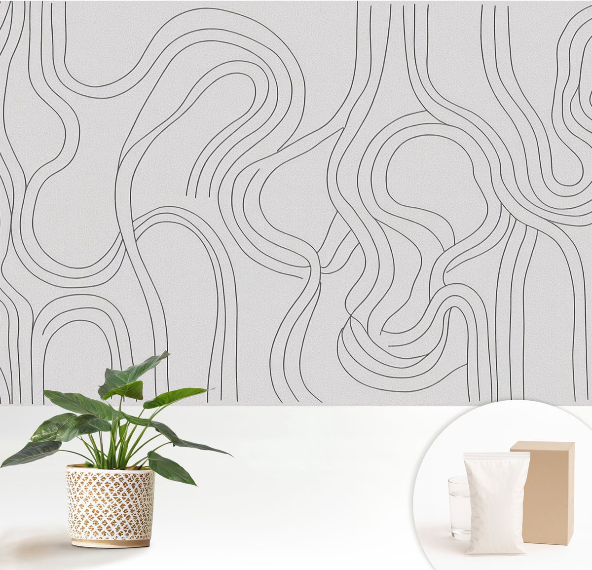 Wallfluent Fotobehang - Wit Vliesbehang - 152x104 cm - Organische Lijnen Fotobehang Vlies - Woonkamer behang Abstractie - Muurschildering - Woonkamer behang