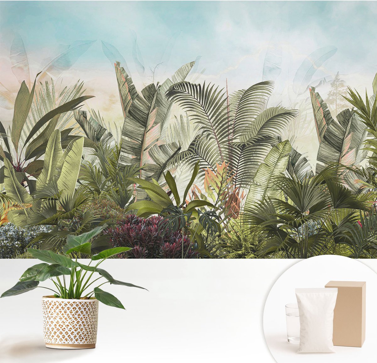 Wallfluent Fotobehang - Groente Vliesbehang - 152x104 cm - Tropisch Paradijs Fotobehang Vlies - Woonkamer behang Bloemen En Planten - Muurschildering - Woonkamer behang