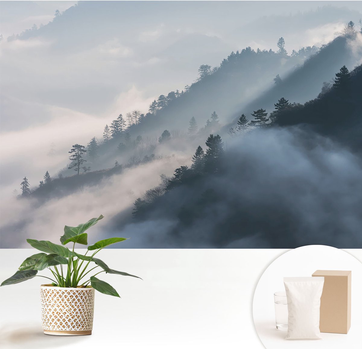 Wallfluent Fotobehang - Wit Vliesbehang - 152x104 cm - Mistig Landschap Fotobehang Vlies - Woonkamer behang Landschappen - Muurschildering - Hal behang