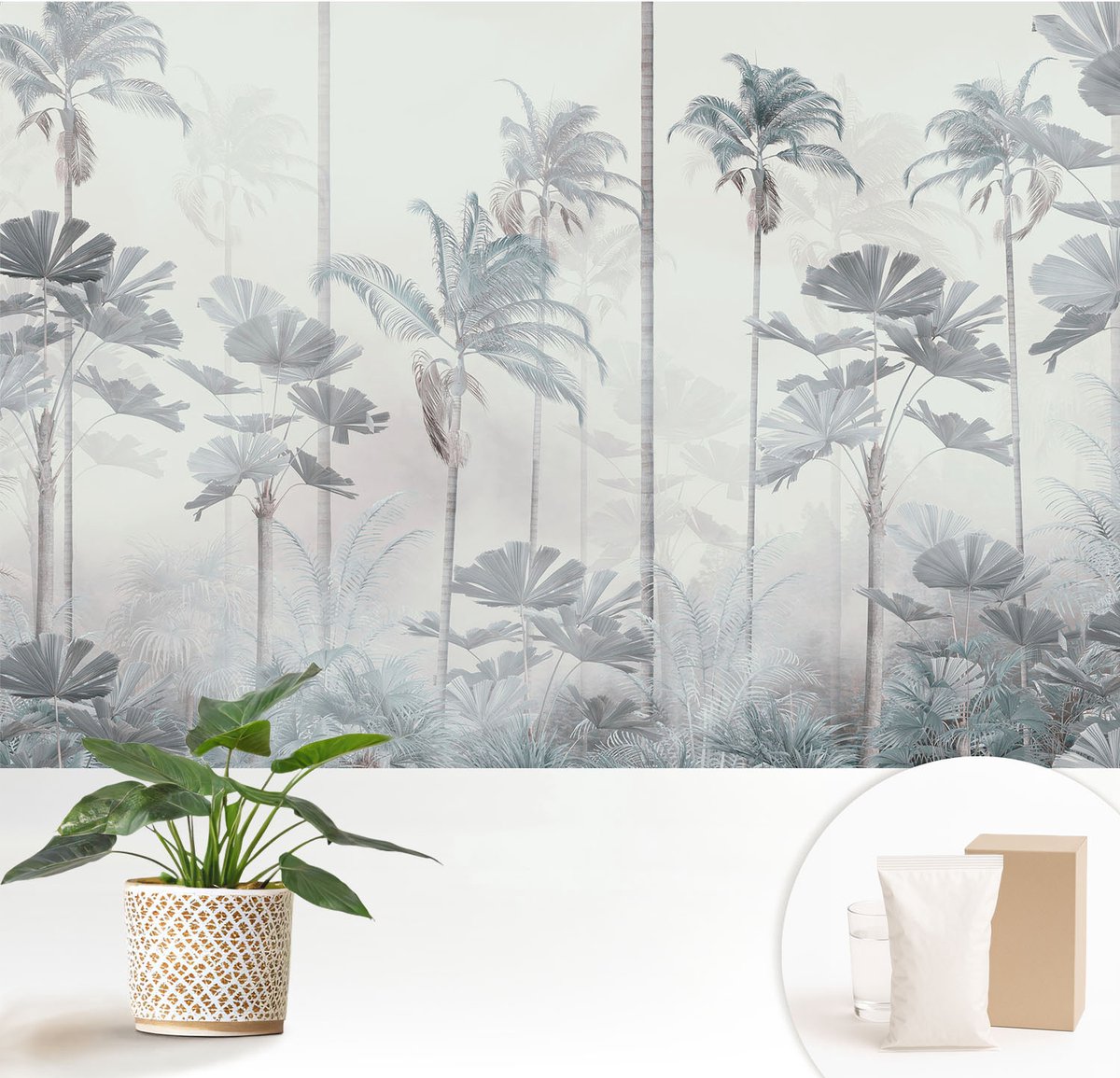 Wallfluent Fotobehang - Wit Vliesbehang - 152x104 cm - Tropisch Landschap Fotobehang Vlies - Woonkamer behang Bloemen En Planten - Muurschildering - Hal behang